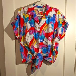 Vintage Tropical Parrot Print Tie Front Button Down Shirt